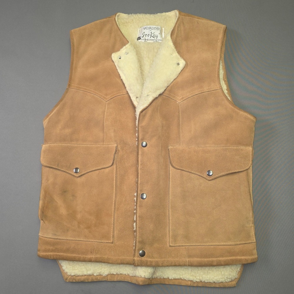 Vintage Jo-Kay Tan Suede Leather Western Vest Faux Shearling Lined Mens 44